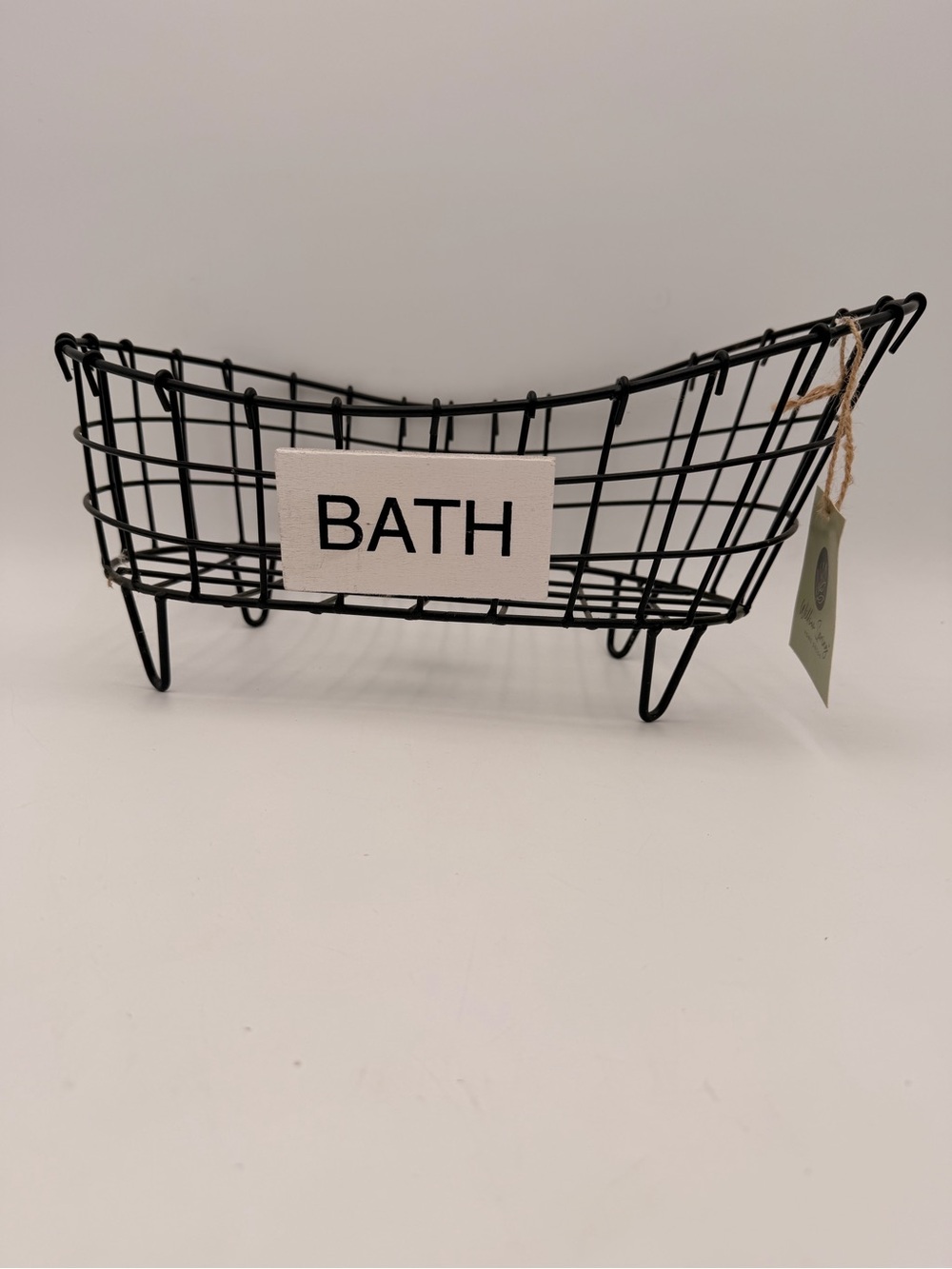 Black Wire Bath Caddy Basket with 'BATH' Sign